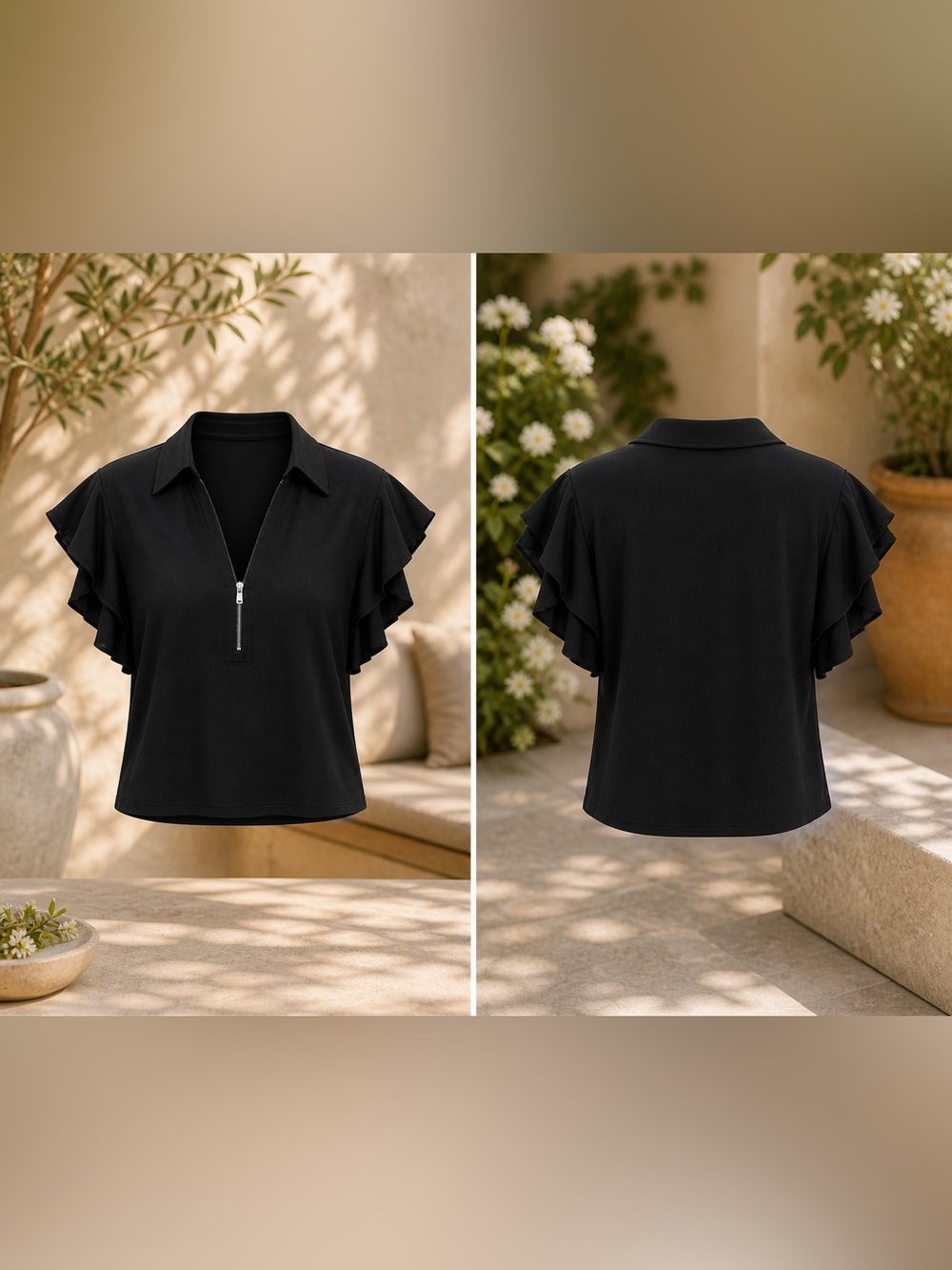Candie's Black Zip-Front Ruffle Sleeve Polo Top
